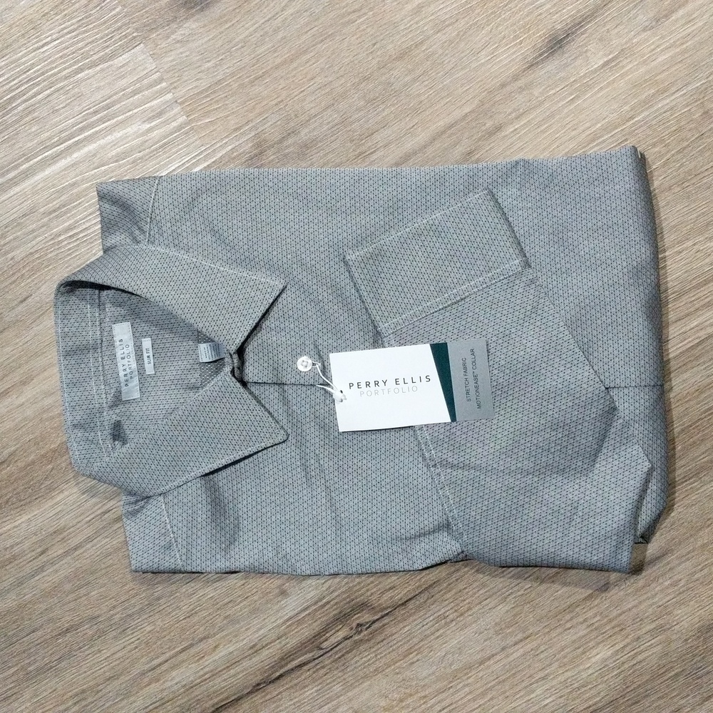 BRAND NEW Men's Perry Ellis Dress Shirt, Slim Fit Gray and Black diamond pattern